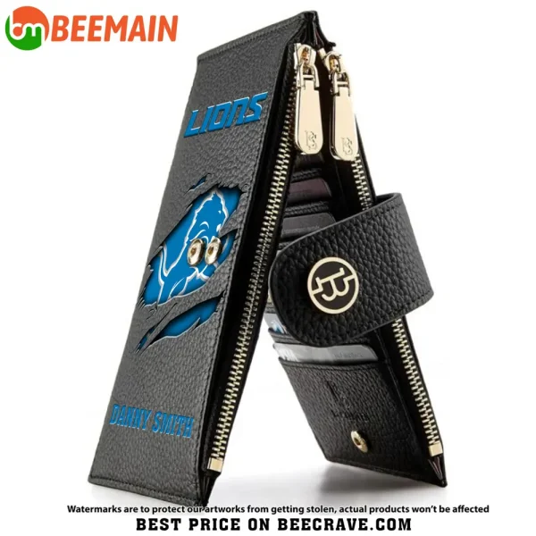 Detroit Lions Leather Wallets RFID Blocking Slim Bifold Purse Card Holder with Zipper Pocket SPTLWBSCSZP022