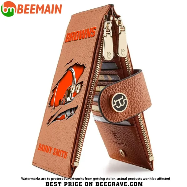 Cleveland Browns Leather Wallets RFID Blocking Slim Bifold Purse Card Holder with Zipper Pocket SPTLWBSCSZP025 - Image 2