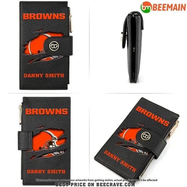 Cleveland Browns Leather Wallets RFID Blocking Slim Bifold Purse Card Holder with Zipper Pocket SPTLWBSCSZP025 - Image 4