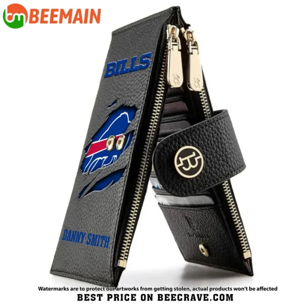 Buffalo Bills Leather Wallets RFID Blocking Slim Bifold Purse Card Holder with Zipper Pocket SPTLWBSCSZP029