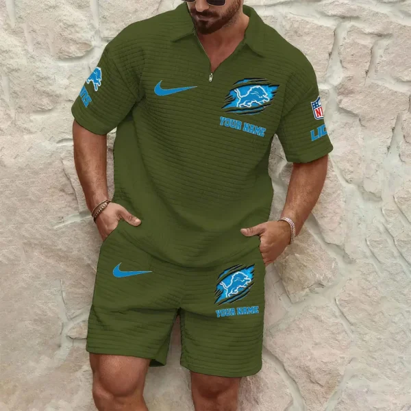 Detroit Lions Men’s Waffle Pattern Half Zipper Shirt And Short SPTMWHZSS011 - Image 7