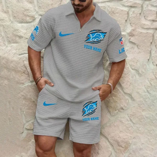 Detroit Lions Men’s Waffle Pattern Half Zipper Shirt And Short SPTMWHZSS011 - Image 3