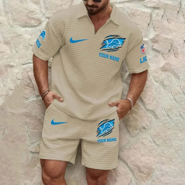 Detroit Lions Men’s Waffle Pattern Half Zipper Shirt And Short SPTMWHZSS011 - Image 5
