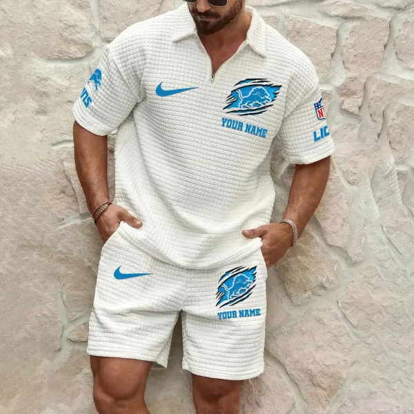 Detroit Lions Men’s Waffle Pattern Half Zipper Shirt And Short SPTMWHZSS011 - Image 9