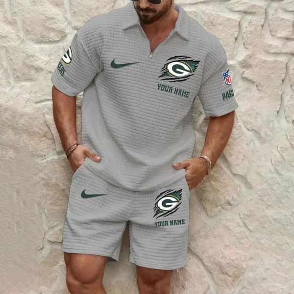 Green Bay Packers Men’s Waffle Pattern Half Zipper Shirt And Short SPTMWHZSS012 - Image 5