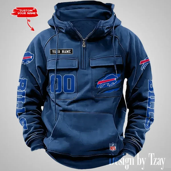 Buffalo Bills NFL Multi Pocket Zipper Retro Hoodie AZVMHD801 - Image 2