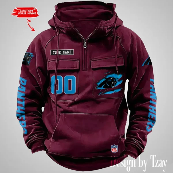 Carolina Panthers NFL Multi Pocket Zipper Retro Hoodie AZVMHD802