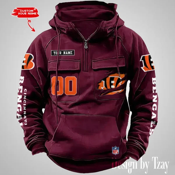 Cincinnati Bengals NFL Multi Pocket Zipper Retro Hoodie AZVMHD804 - Image 2