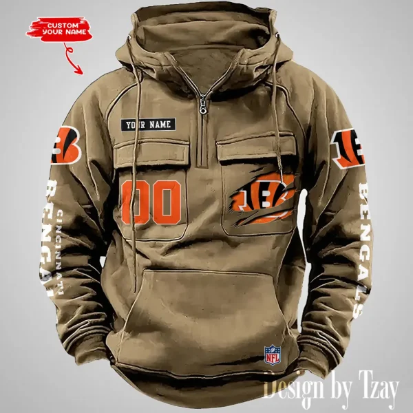 Cincinnati Bengals NFL Multi Pocket Zipper Retro Hoodie AZVMHD804 - Image 3