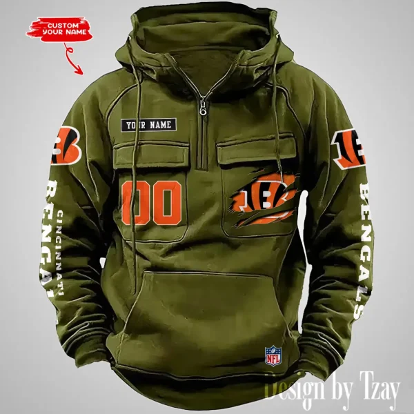 Cincinnati Bengals NFL Multi Pocket Zipper Retro Hoodie AZVMHD804 - Image 4