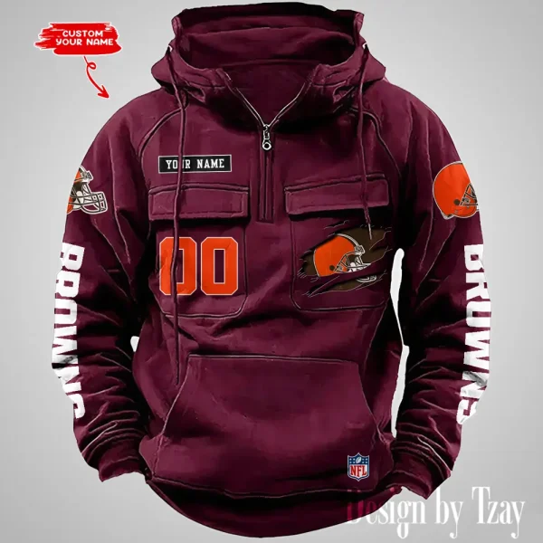 Cleveland Browns NFL Multi Pocket Zipper Retro Hoodie AZVMHD805 - Image 2
