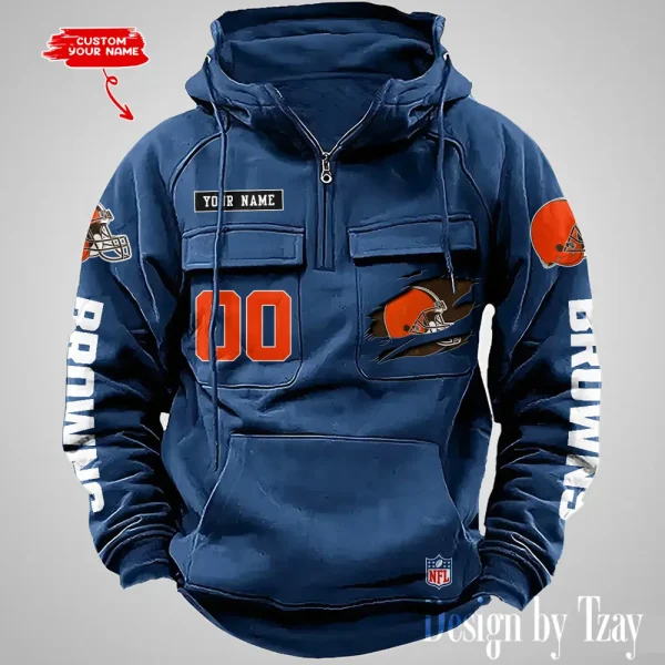 Cleveland Browns NFL Multi Pocket Zipper Retro Hoodie AZVMHD805 - Image 3