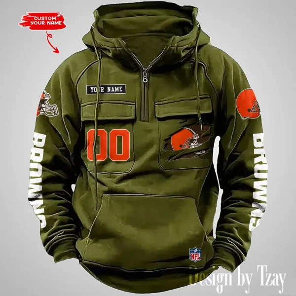 Cleveland Browns NFL Multi Pocket Zipper Retro Hoodie AZVMHD805 - Image 4