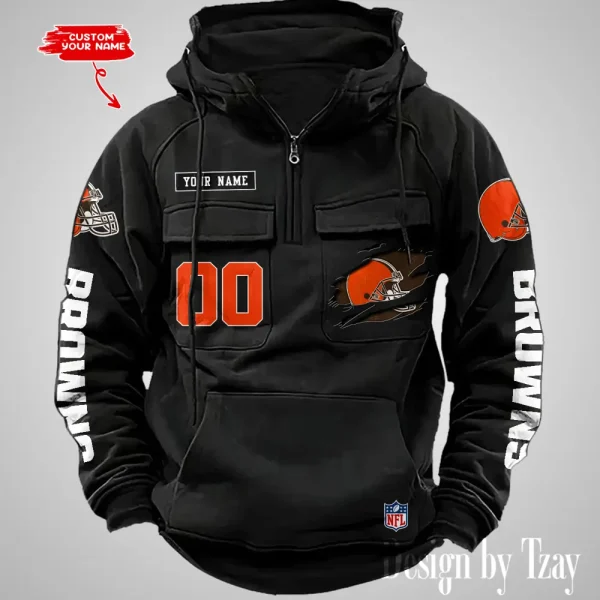 Cleveland Browns NFL Multi Pocket Zipper Retro Hoodie AZVMHD805 - Image 5