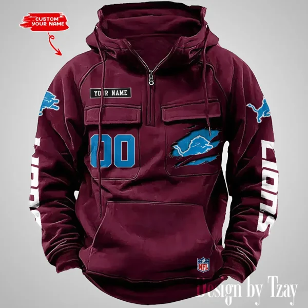 Detroit Lions NFL Multi Pocket Zipper Retro Hoodie AZVMHD808 - Image 2