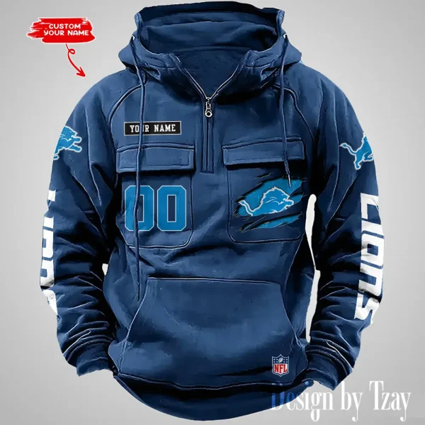 Detroit Lions NFL Multi Pocket Zipper Retro Hoodie AZVMHD808 - Image 3