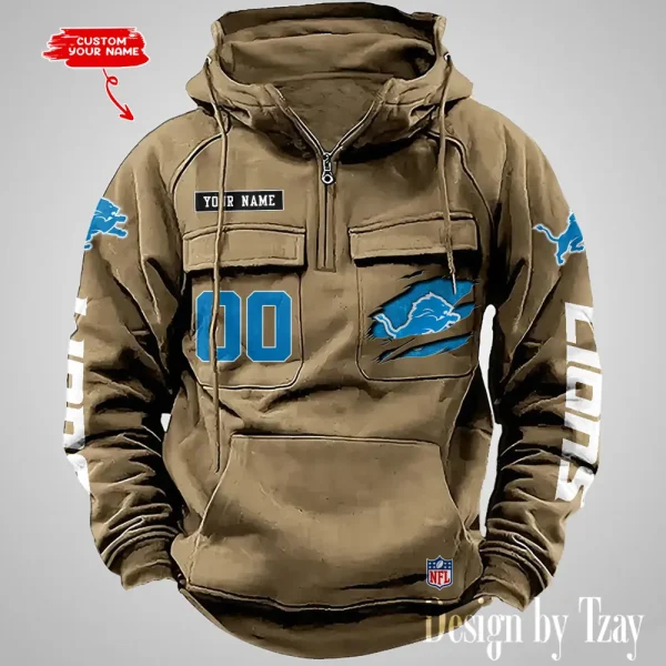 Detroit Lions NFL Multi Pocket Zipper Retro Hoodie AZVMHD808