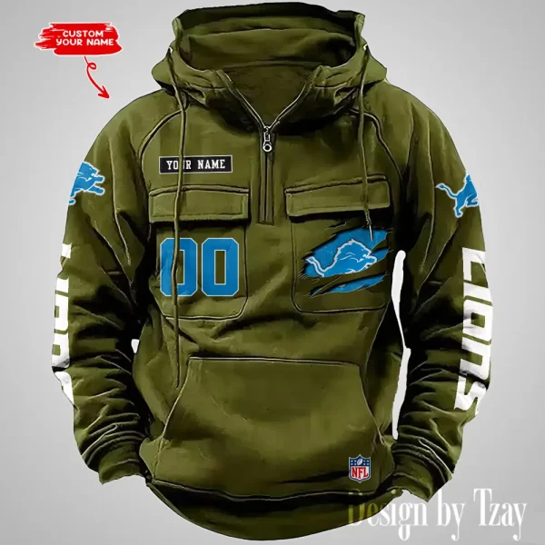 Detroit Lions NFL Multi Pocket Zipper Retro Hoodie AZVMHD808 - Image 4