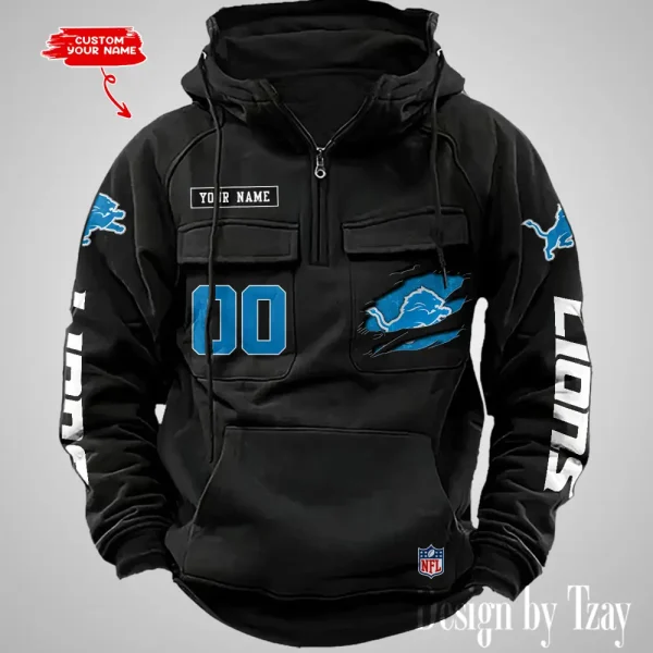 Detroit Lions NFL Multi Pocket Zipper Retro Hoodie AZVMHD808 - Image 5