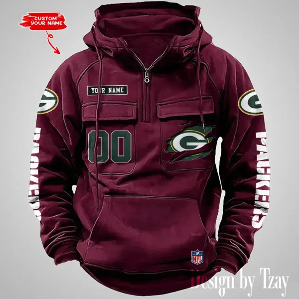 Green Bay Packers NFL Multi Pocket Zipper Retro Hoodie AZVMHD809 - Image 2