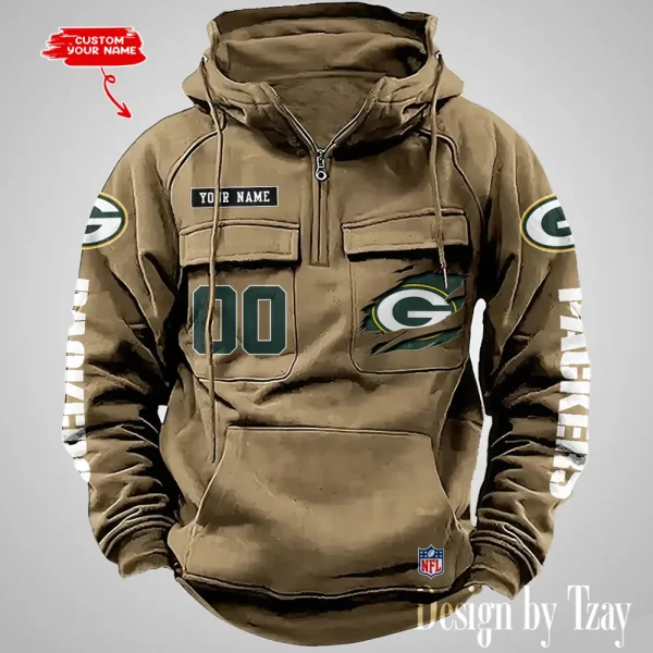 Green Bay Packers NFL Multi Pocket Zipper Retro Hoodie AZVMHD809 - Image 3