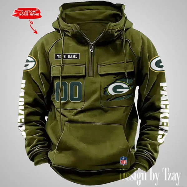 Green Bay Packers NFL Multi Pocket Zipper Retro Hoodie AZVMHD809 - Image 4