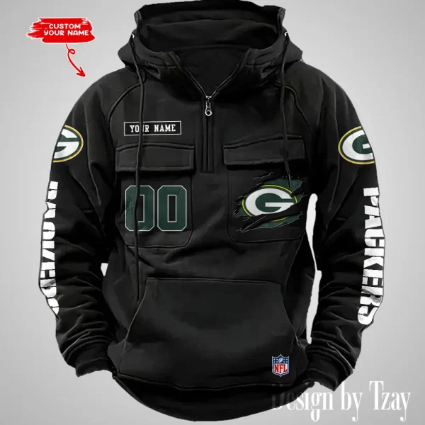 Green Bay Packers NFL Multi Pocket Zipper Retro Hoodie AZVMHD809 - Image 5