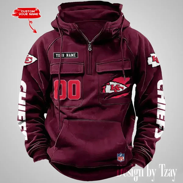 Kansas City Chiefs NFL Multi Pocket Zipper Retro Hoodie AZVMHD813 - Image 2