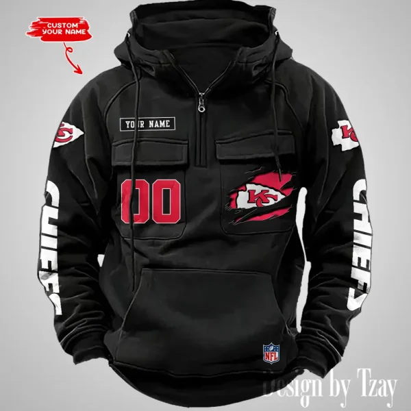 Kansas City Chiefs NFL Multi Pocket Zipper Retro Hoodie AZVMHD813 - Image 5