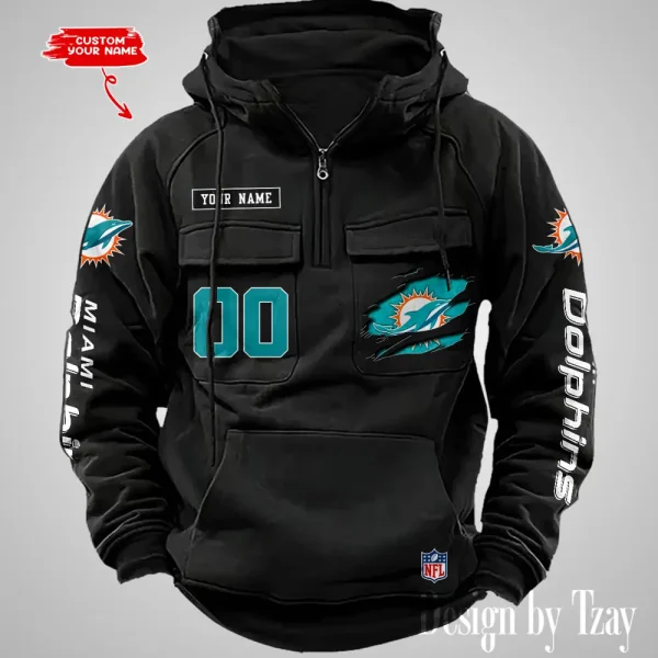 Miami Dolphins NFL Multi Pocket Zipper Retro Hoodie AZVMHD817 - Image 5