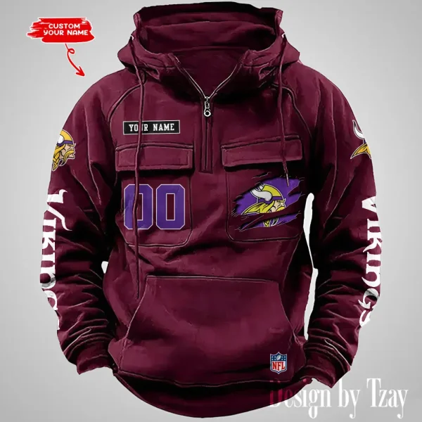 Minnesota Vikings NFL Multi Pocket Zipper Retro Hoodie AZVMHD818 - Image 2