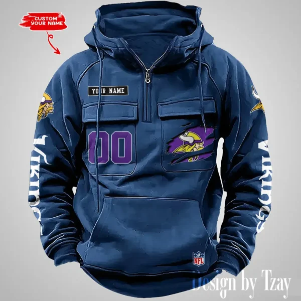 Minnesota Vikings NFL Multi Pocket Zipper Retro Hoodie AZVMHD818 - Image 3