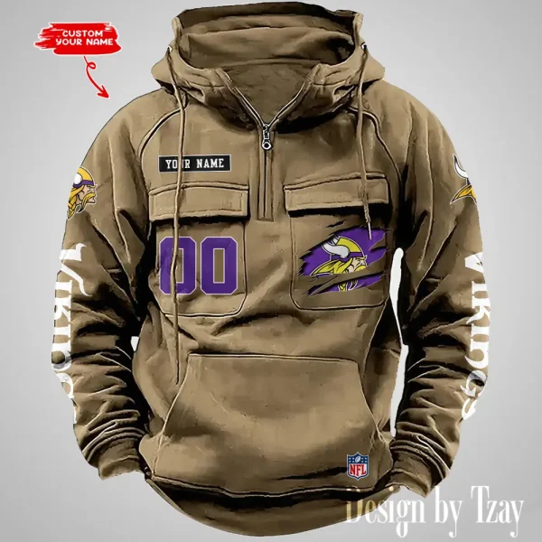Minnesota Vikings NFL Multi Pocket Zipper Retro Hoodie AZVMHD818 - Image 4