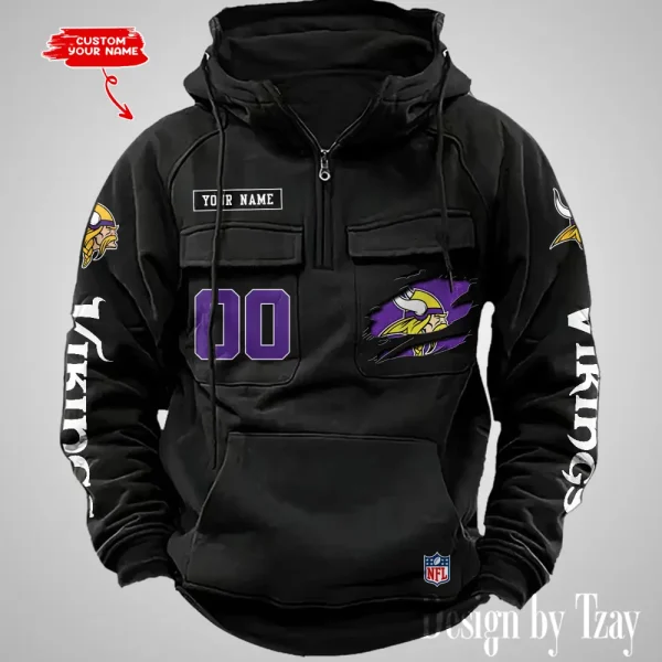 Minnesota Vikings NFL Multi Pocket Zipper Retro Hoodie AZVMHD818 - Image 5