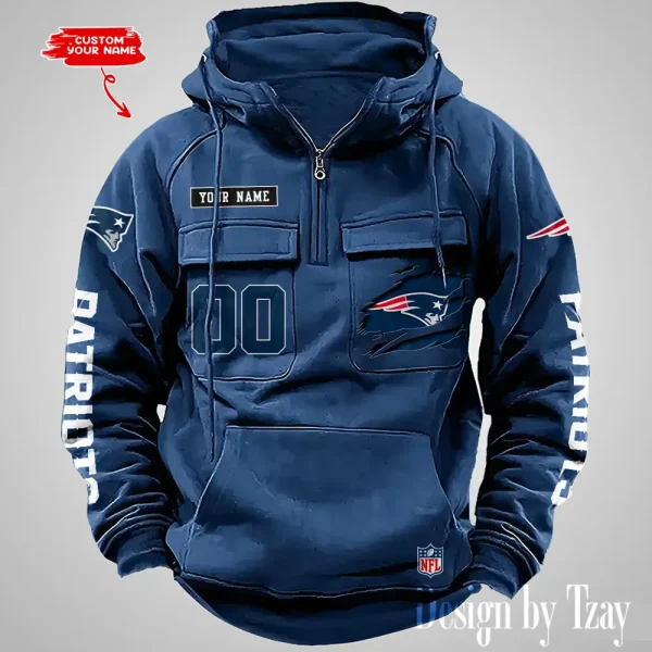 New England Patriots NFL Multi Pocket Zipper Retro Hoodie AZVMHD819 - Image 2