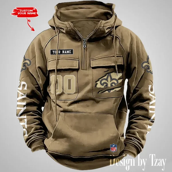 New Orleans Saints NFL Multi Pocket Zipper Retro Hoodie AZVMHD820 - Image 3