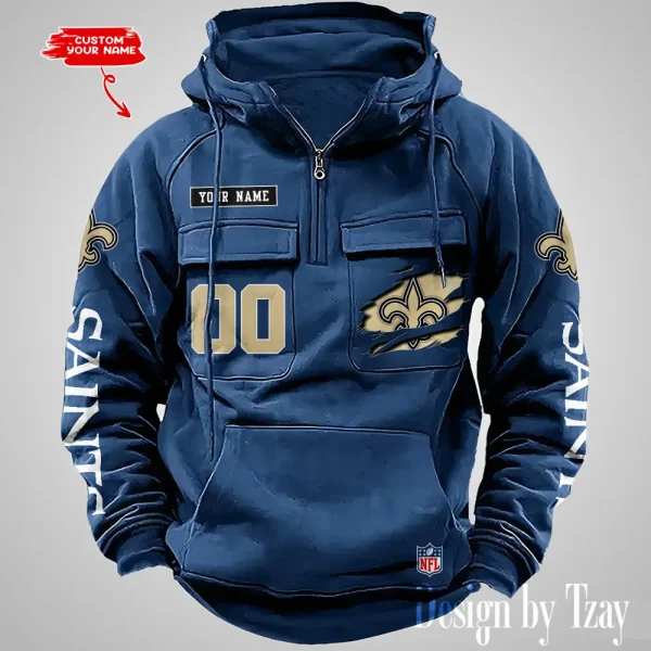 New Orleans Saints NFL Multi Pocket Zipper Retro Hoodie AZVMHD820 - Image 4
