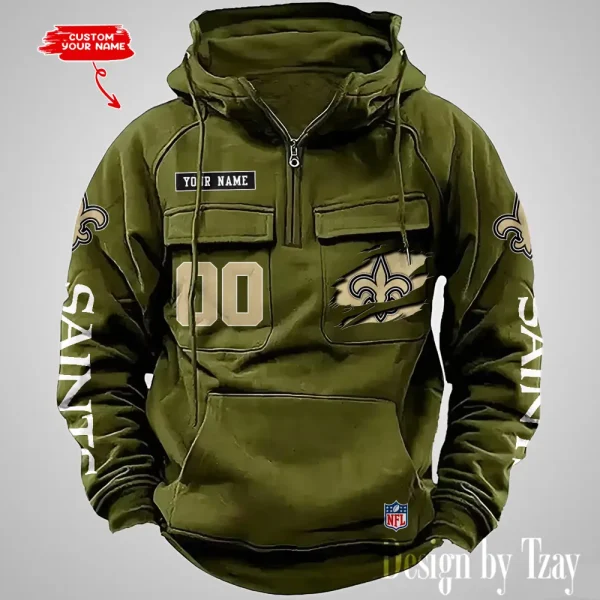 New Orleans Saints NFL Multi Pocket Zipper Retro Hoodie AZVMHD820 - Image 5