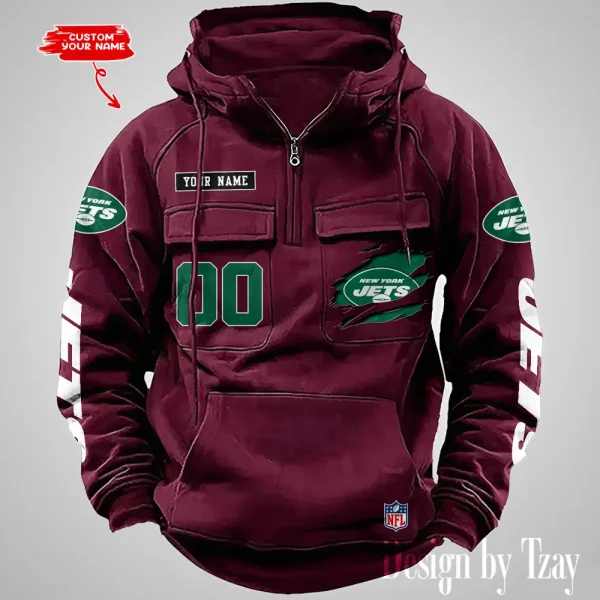 New York Jets NFL Multi Pocket Zipper Retro Hoodie AZVMHD822 - Image 2
