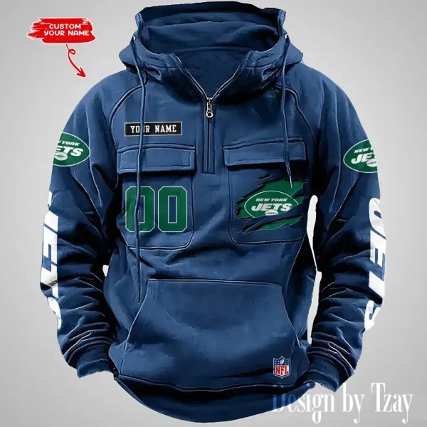 New York Jets NFL Multi Pocket Zipper Retro Hoodie AZVMHD822