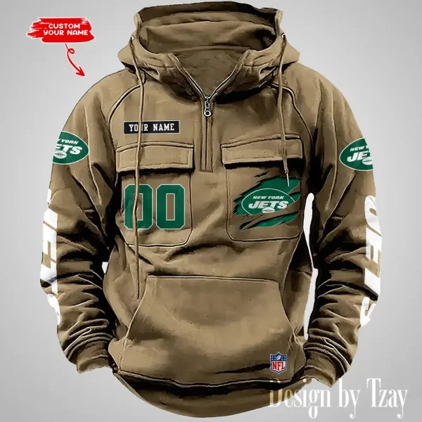 New York Jets NFL Multi Pocket Zipper Retro Hoodie AZVMHD822 - Image 3