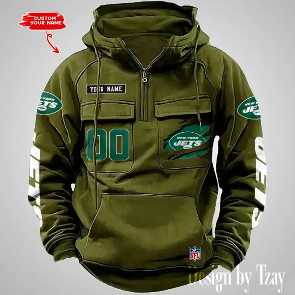 New York Jets NFL Multi Pocket Zipper Retro Hoodie AZVMHD822 - Image 4
