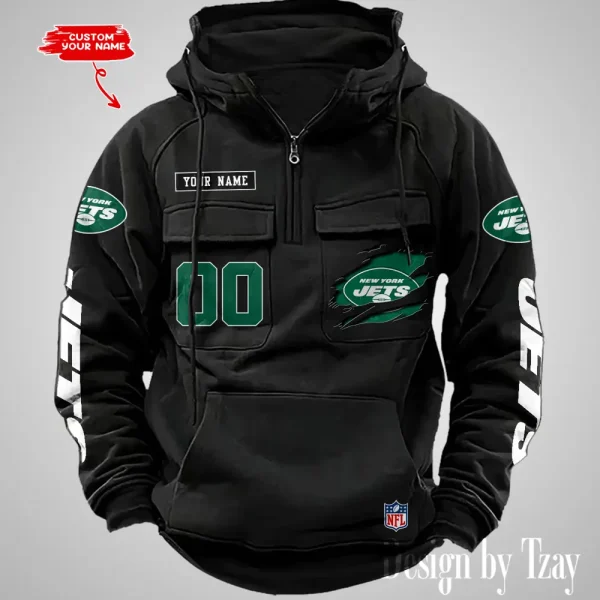 New York Jets NFL Multi Pocket Zipper Retro Hoodie AZVMHD822 - Image 5