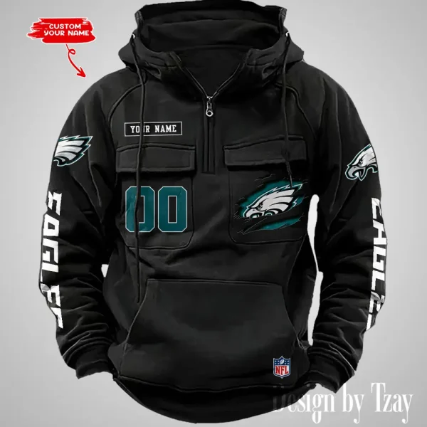 Philadelphia Eagles NFL Multi Pocket Zipper Retro Hoodie AZVMHD823 - Image 5