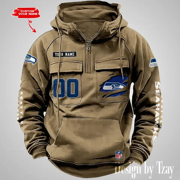 Seattle Seahawks NFL Multi Pocket Zipper Retro Hoodie AZVMHD826 - Image 2