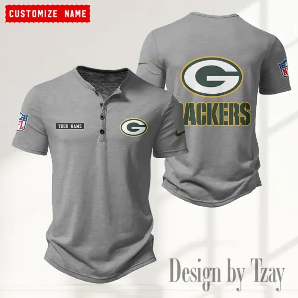 Green Bay Packers Men's Button Henley Collar T-Shirt New Fashion 2025 SPTMBHCTS012 - Image 2