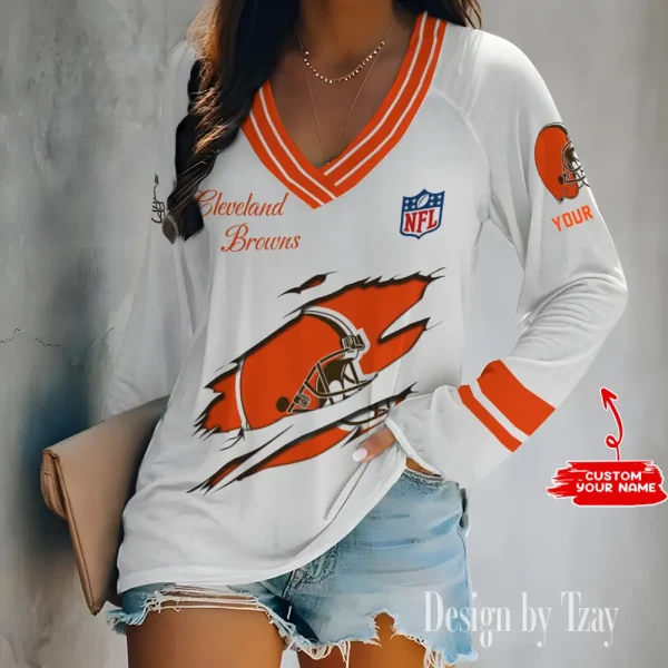 Cleveland Browns Women's Long sleeves T-shirt V-neck Trending 2025 BGVPS273