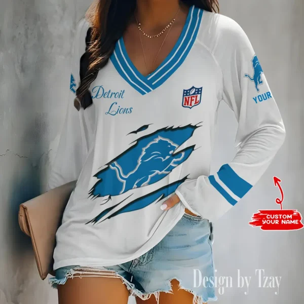 Detroit Lions Women's Long sleeves T-shirt V-neck Trending 2025 BGVPS276