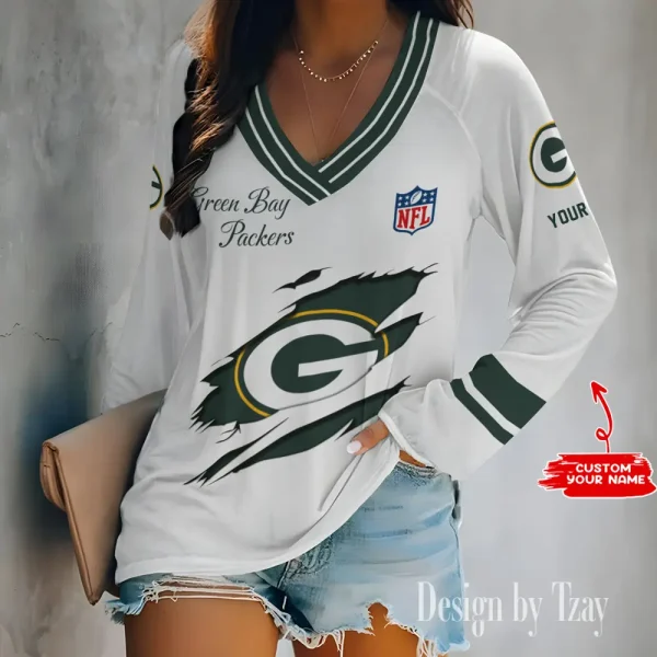 Green Bay Packers Women's Long sleeves T-shirt V-neck Trending 2025 BGVPS277