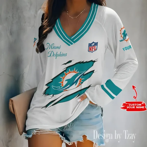 Miami Dolphins Women's Long sleeves T-shirt V-neck Trending 2025 BGVPS285
